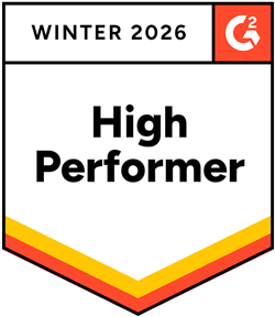 Award badge shaped like a shield with the 'Winter 2026' and the 'G2' logo at the top, and a banner across the middle stating 'High Performer'.