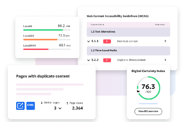 Siteimprove.ai platform dashboard examples including Level A, AA, and AAA conformance progress, the WCAG guidelines with issues, duplicate content check and the Digital Certainty Index scoring