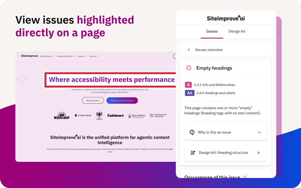 Screenshot of the Siteimprove Accessibility Checker highlighting the phrase 'Where accessibility meets performance' on a webpage. The panel on the right shows an 'Empty headings' issue with related WCAG criteria and explanations.