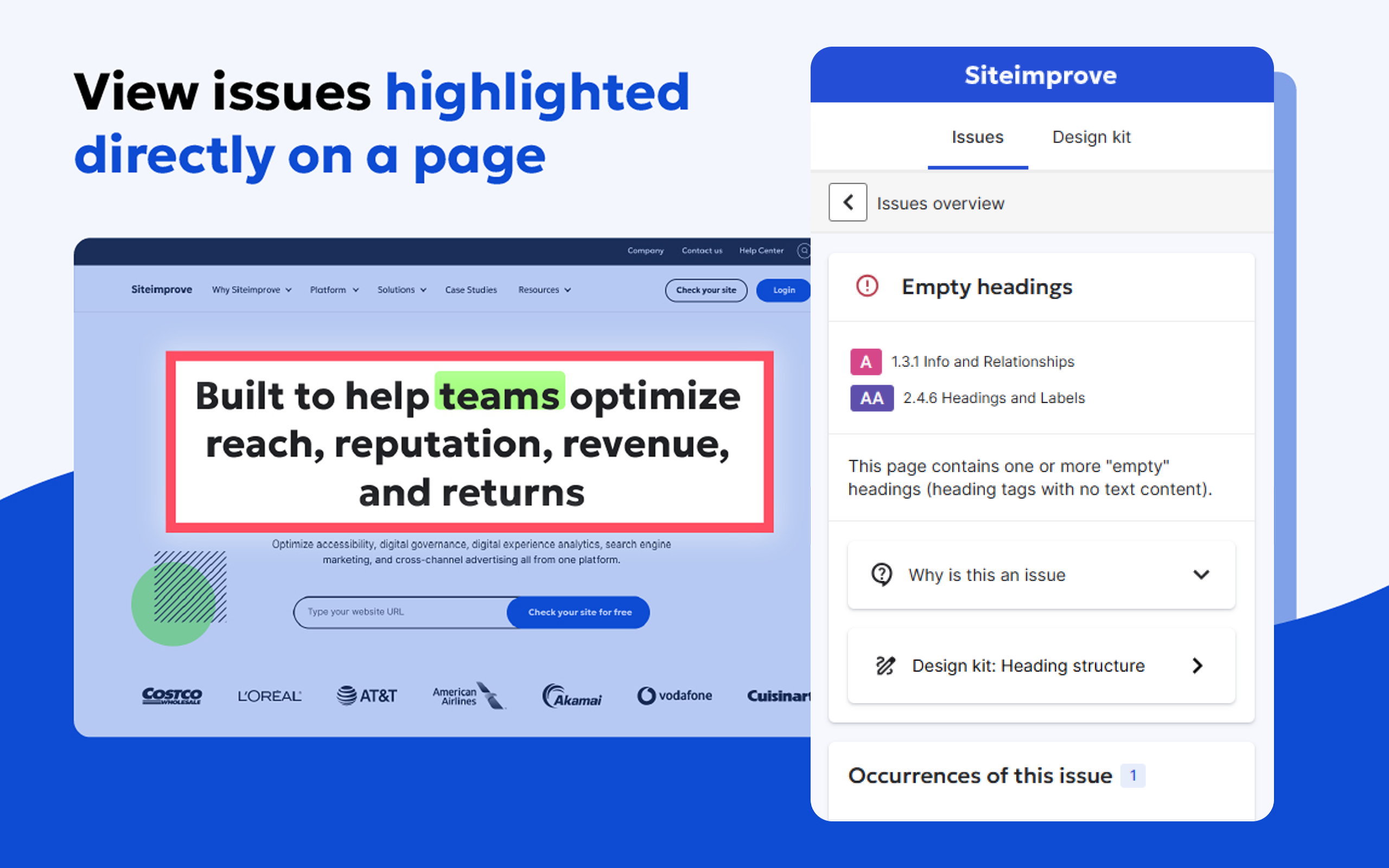Screenshot of the Siteimprove Accessibility Checker highlighting the phrase 'Built to help teams optimize reach, reputation, revenue, and returns' on a webpage. The panel on the right shows an 'Empty headings' issue with related WCAG criteria and explanations.