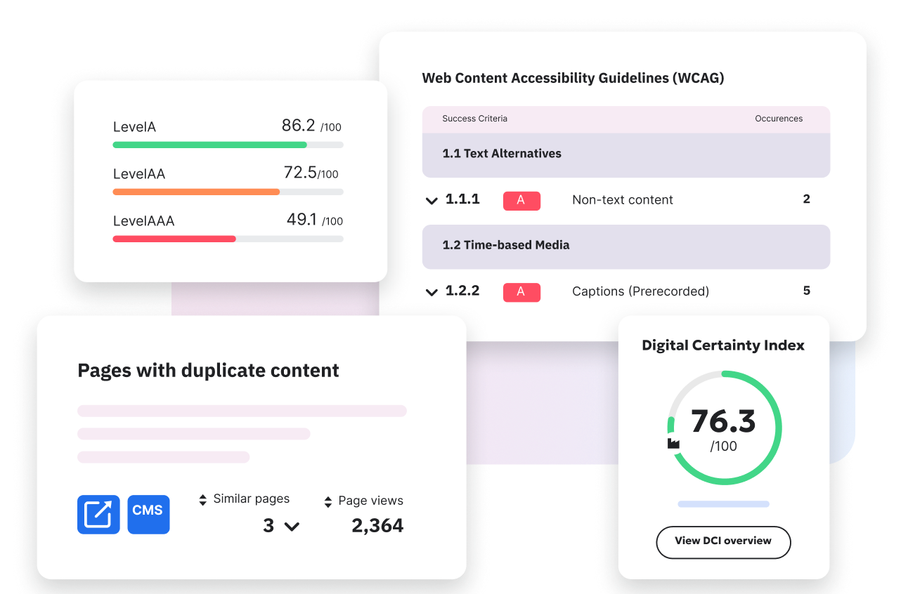 Website accessibility and SEO dashboard showing WCAG compliance issues, duplicate content analysis, and a Digital Certainty Index score.
