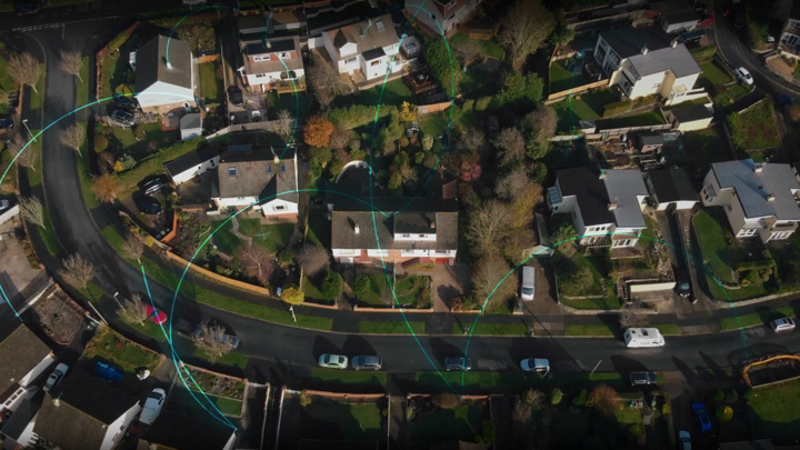 Top satellite view of a neighborhood.